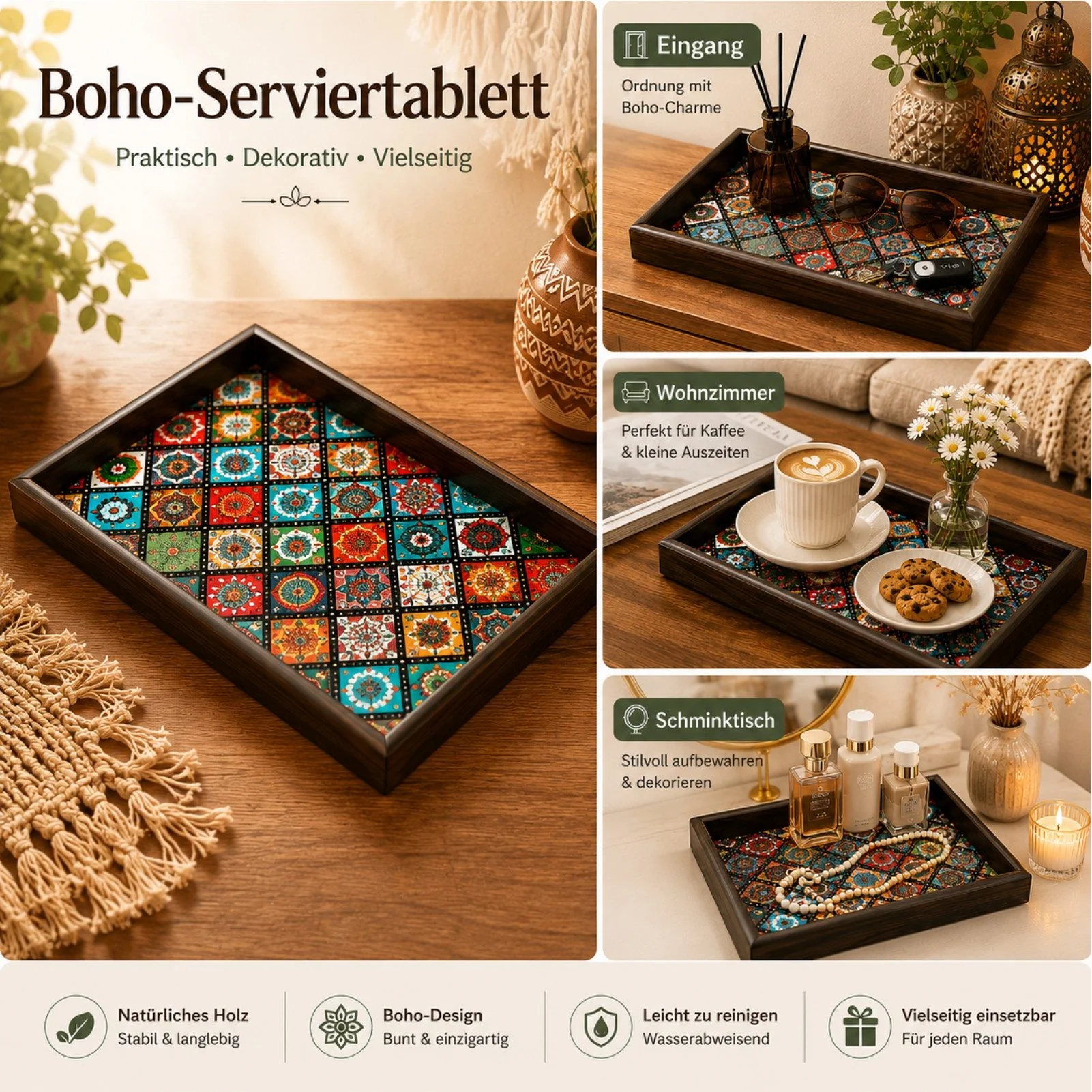 Tablett Serviertablett,Holz,Boho,handgefertigt,Mosaik-Muster,Farbdruck