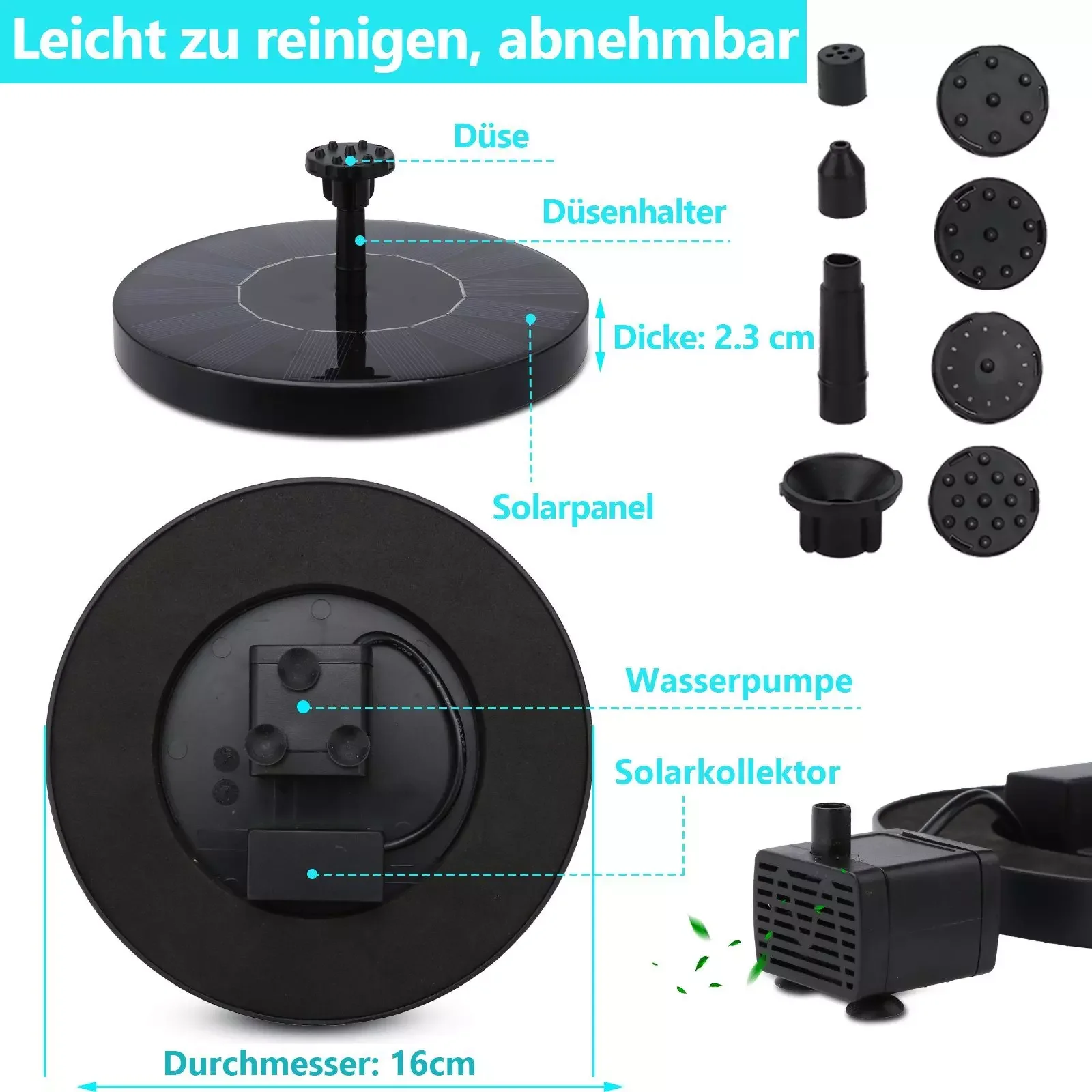 CLANMACY Solarbrunnenpumpe 1.5W mit 6 Düsen für Garten und Teich