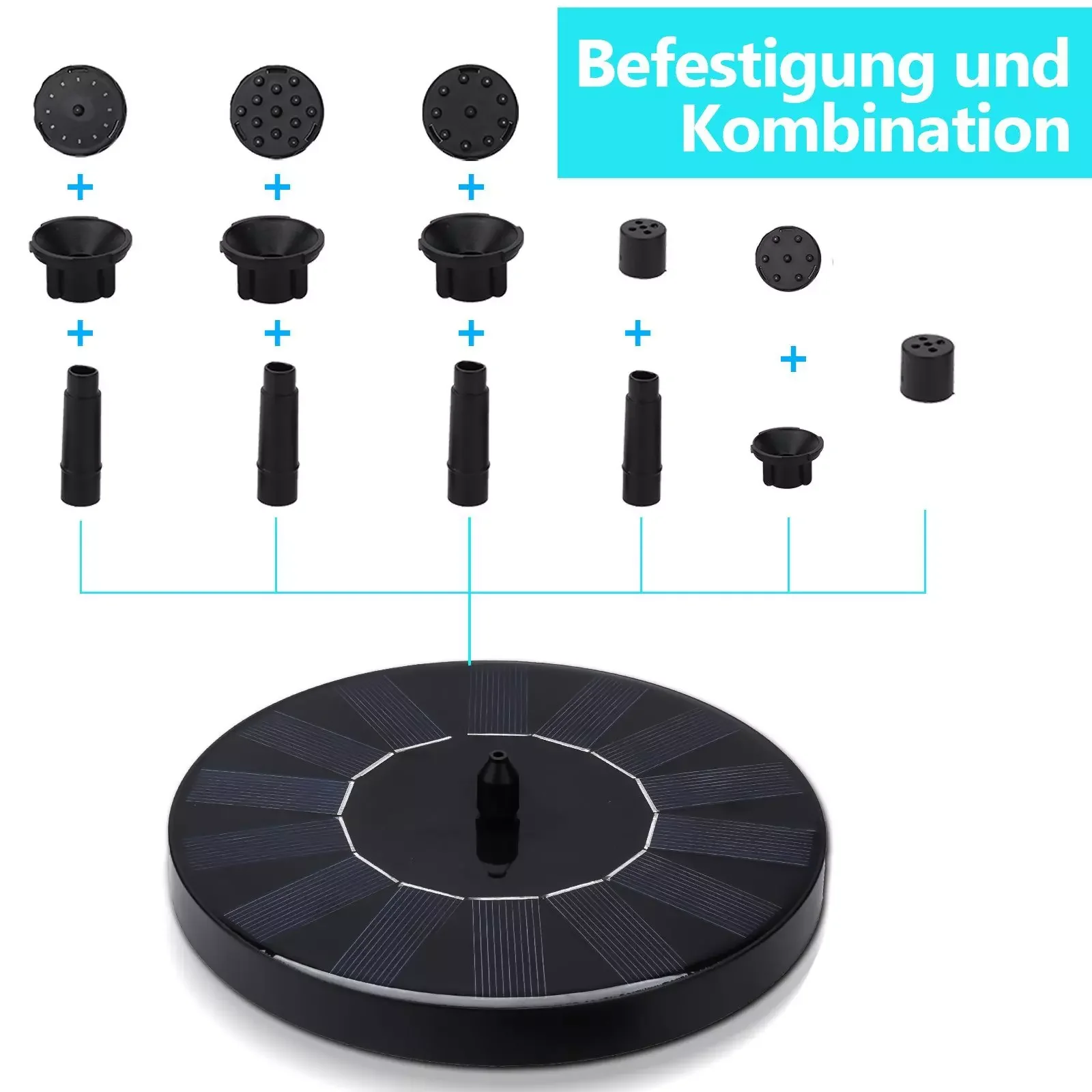 CLANMACY Solarbrunnenpumpe 1.5W mit 6 Düsen für Garten und Teich
