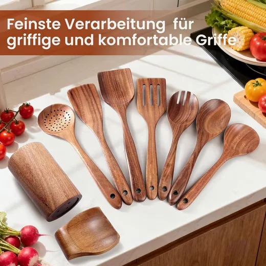 Kochbesteck-Set Acacia Holz Küchenhelfer Set, 9 teilig inkl. Aufbewahrungsständer