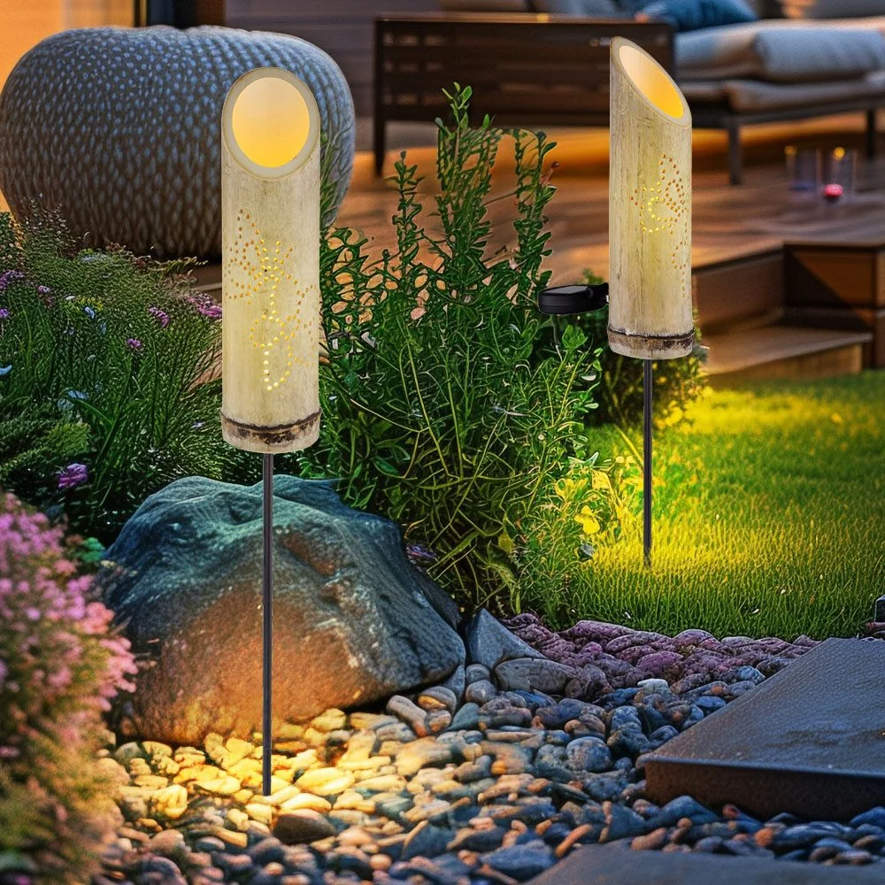 GLOBO LIGHTING LED Solar Steckleuchte Bambus 2er Set warmweiß Garten