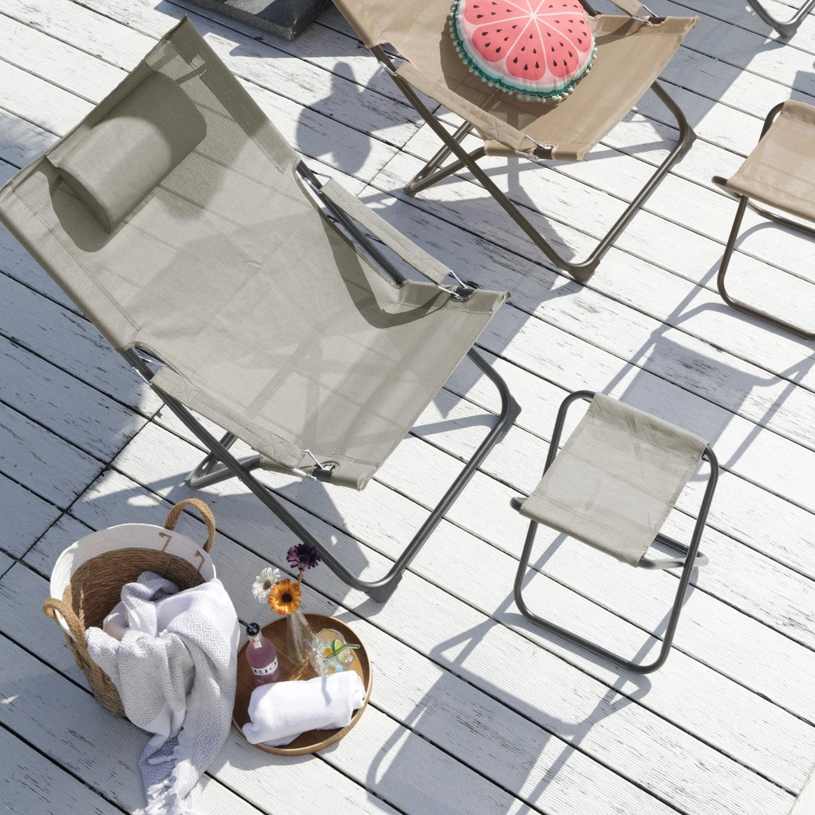 SVITA TOMRA Gartenstuhl 2er Set mit Kopfkissen und Fußhocker grau