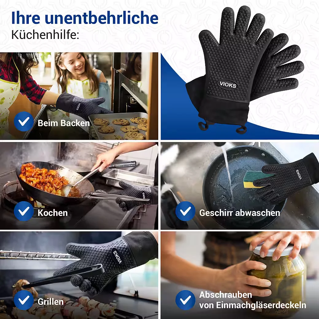 VIOKS Grillhandschuhe 2er Set feuerfest rutschfest für Grill und Ofen