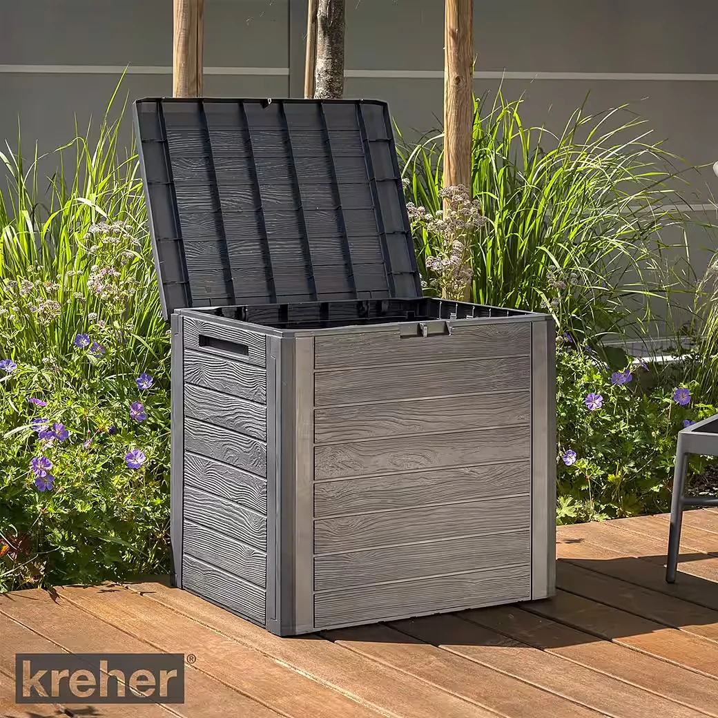 KREHER Kissenbox WOOD 140 L Holzoptik Anthrazit Gartenbox