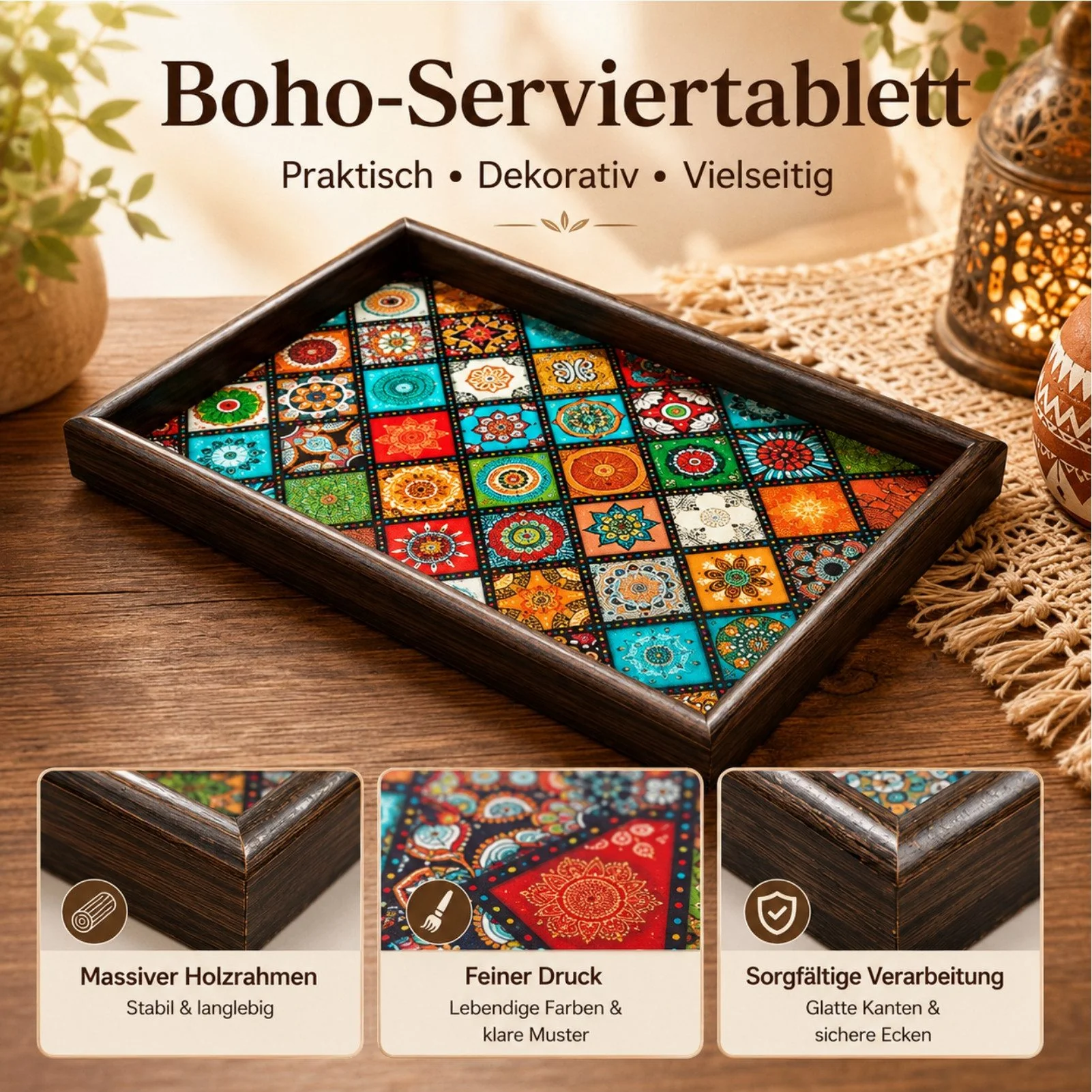 Tablett Serviertablett,Holz,Boho,handgefertigt,Mosaik-Muster,Farbdruck