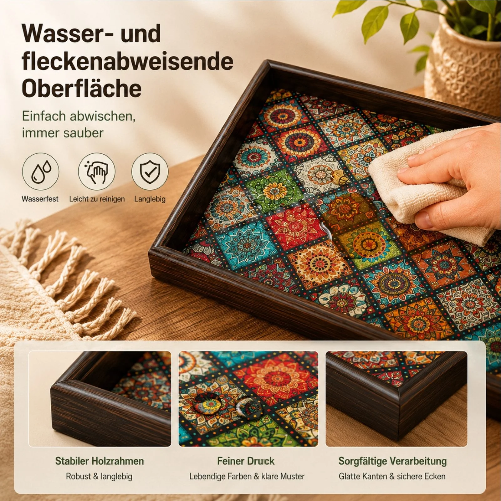 Tablett Serviertablett,Holz,Boho,handgefertigt,Mosaik-Muster,Farbdruck