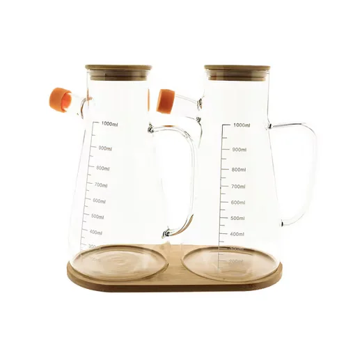 Ölspender 3-teiliges Ölbehälter-Set aus Glas mit Bambusdeckel & Untersetzer