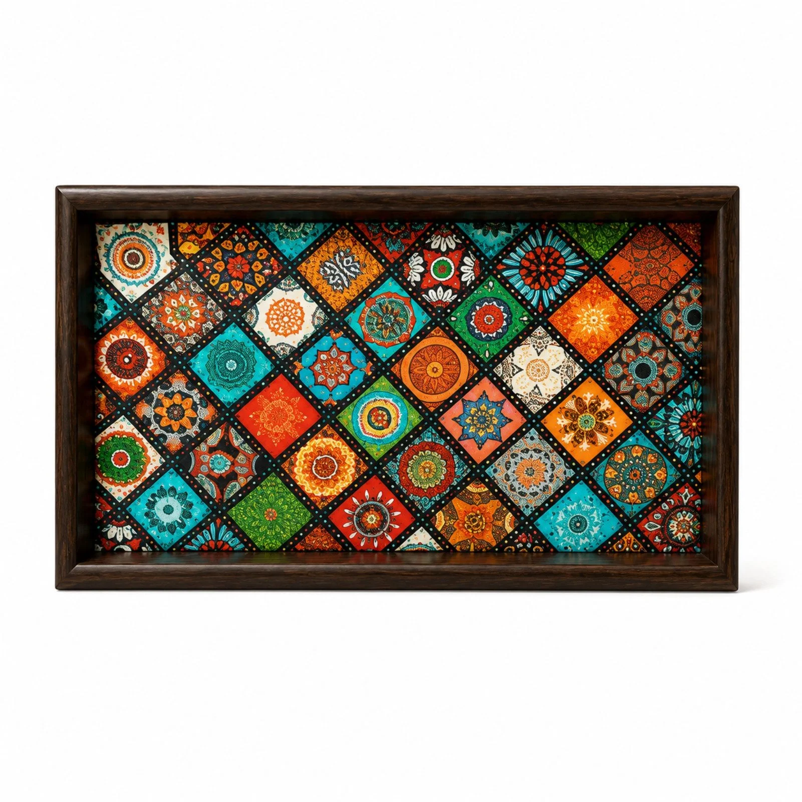 Tablett Serviertablett,Holz,Boho,handgefertigt,Mosaik-Muster,Farbdruck