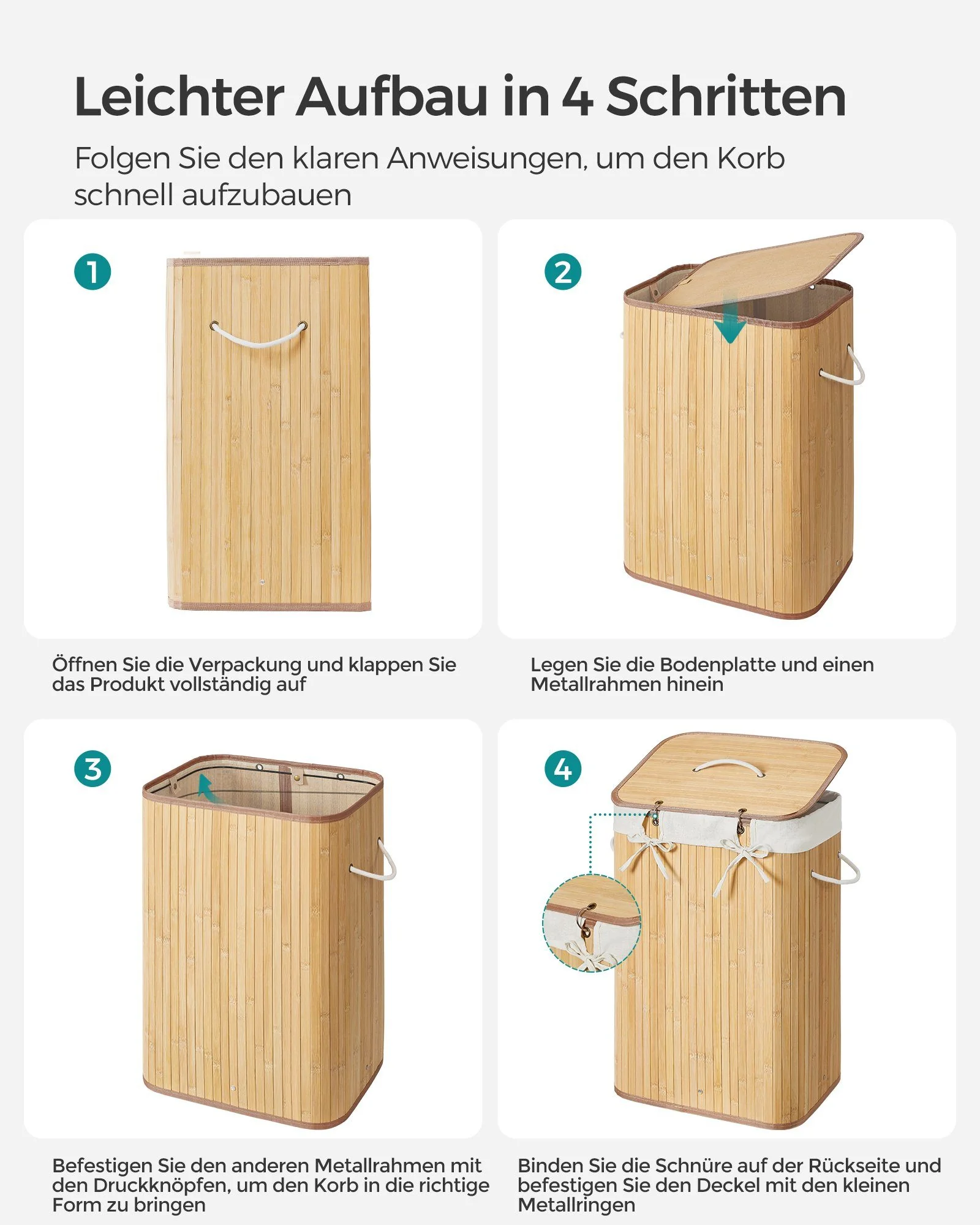 SONGMICS Wäschekorb mit Deckel aus Bambus, faltbar, Wäschesammler