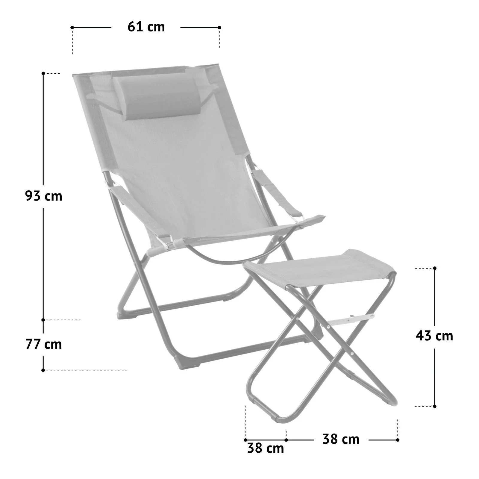 SVITA TOMRA Gartenstuhl 2er Set mit Kopfkissen und Fußhocker grau