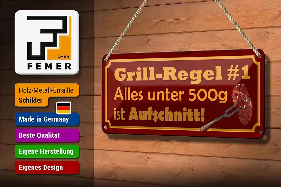 FEMER GMBH Metallschild Spruch Grill-Regel 27x10 cm Deko Schild