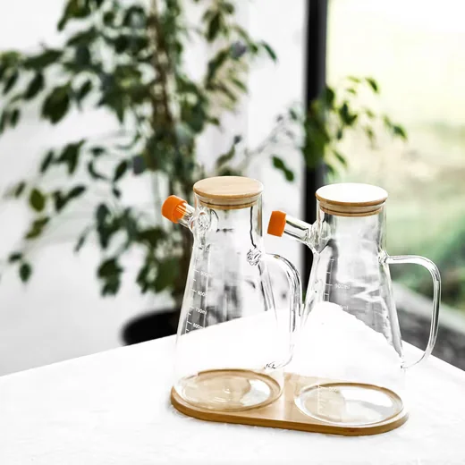 Ölspender 3-teiliges Ölbehälter-Set aus Glas mit Bambusdeckel & Untersetzer