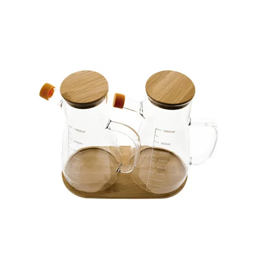 Ölspender 3-teiliges Ölbehälter-Set aus Glas mit Bambusdeckel & Untersetzer