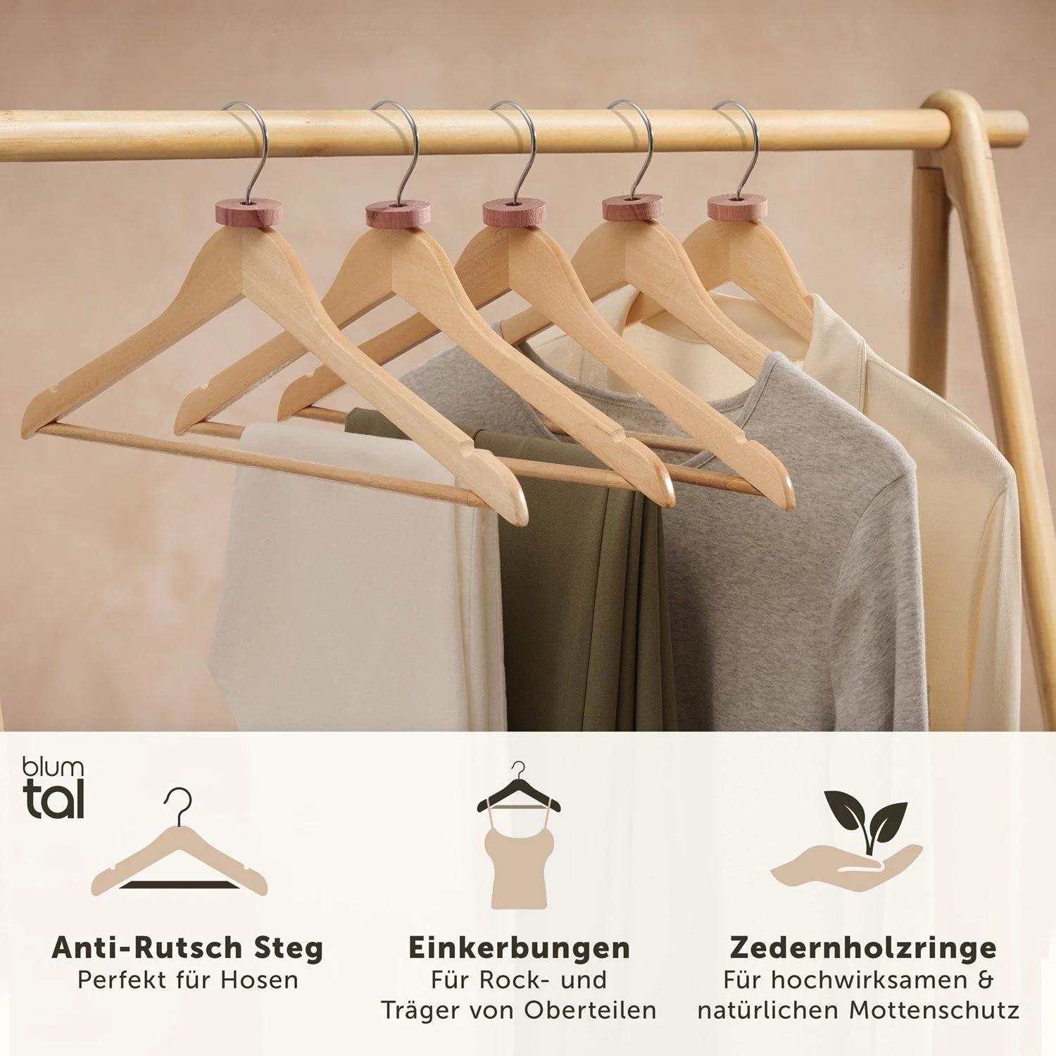 Kleiderbügel Rutschfest aus Holz mit Rockkerbe und Hosensteg