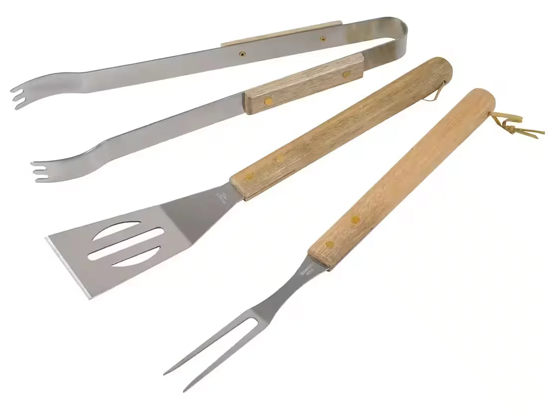 Buri Grillbesteck Set 3-teilig Edelstahl mit Holzgriff Zange Wender