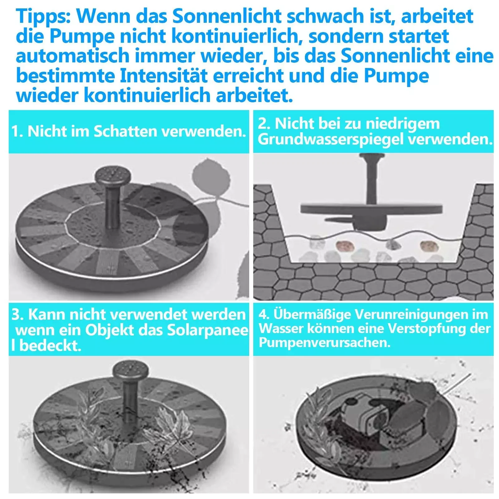 CLANMACY Solarbrunnenpumpe 1.5W mit 6 Düsen für Garten und Teich