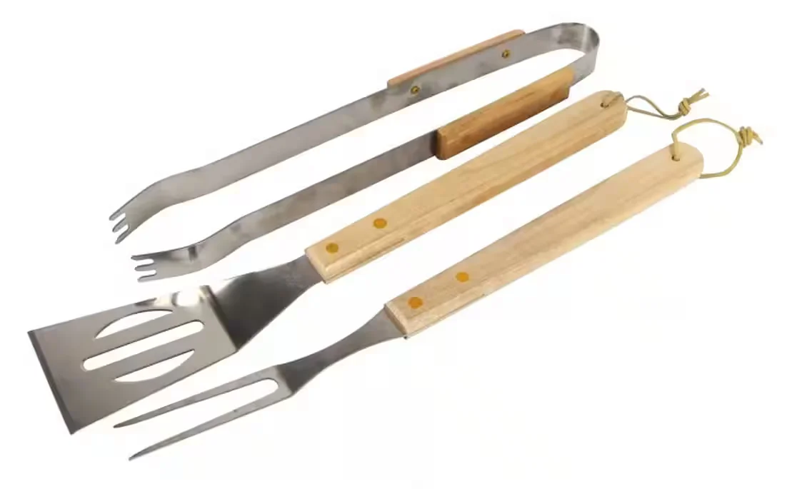 Buri Grillbesteck Set 3-teilig Edelstahl mit Holzgriff Zange Wender