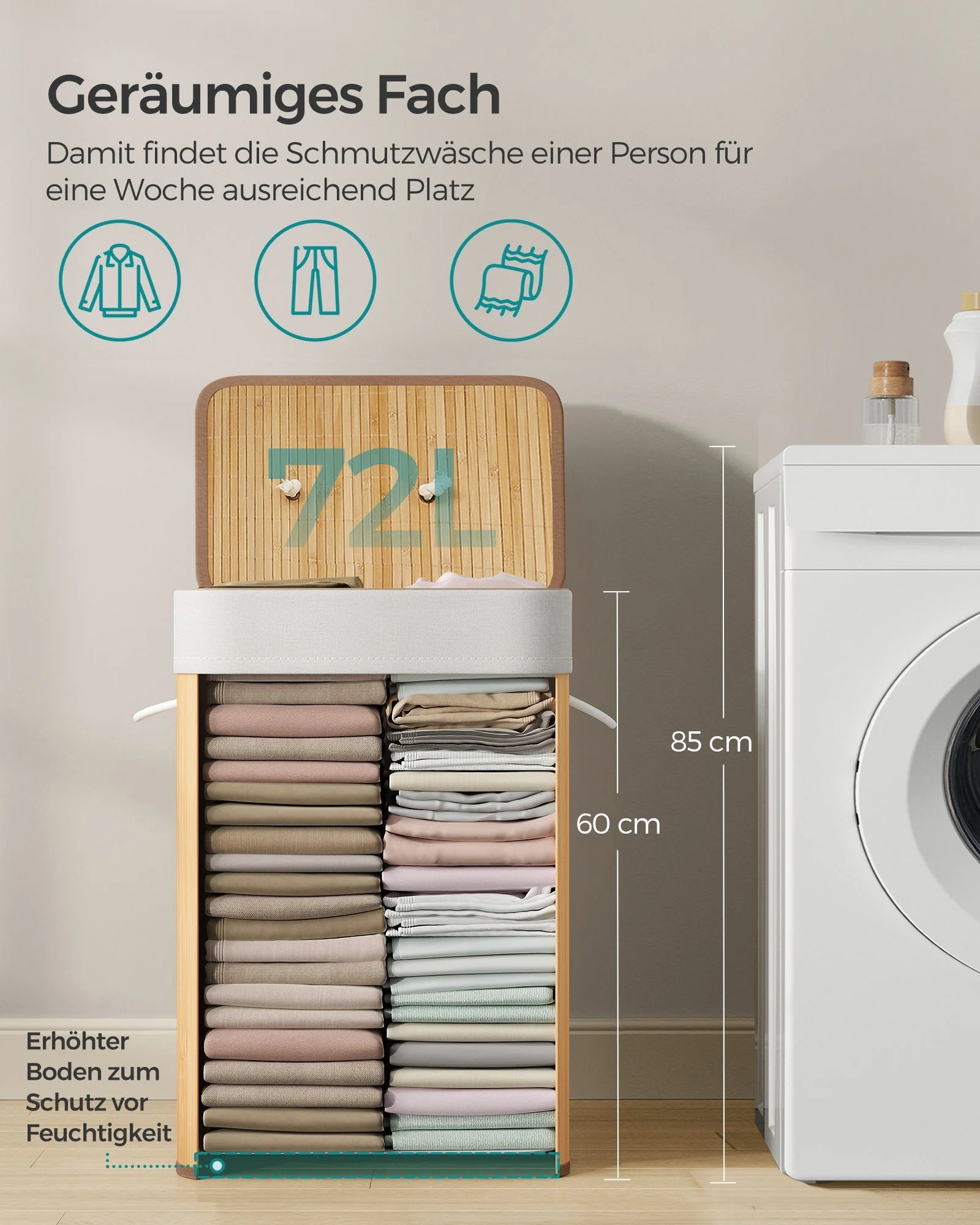 SONGMICS Wäschekorb mit Deckel aus Bambus, faltbar, Wäschesammler