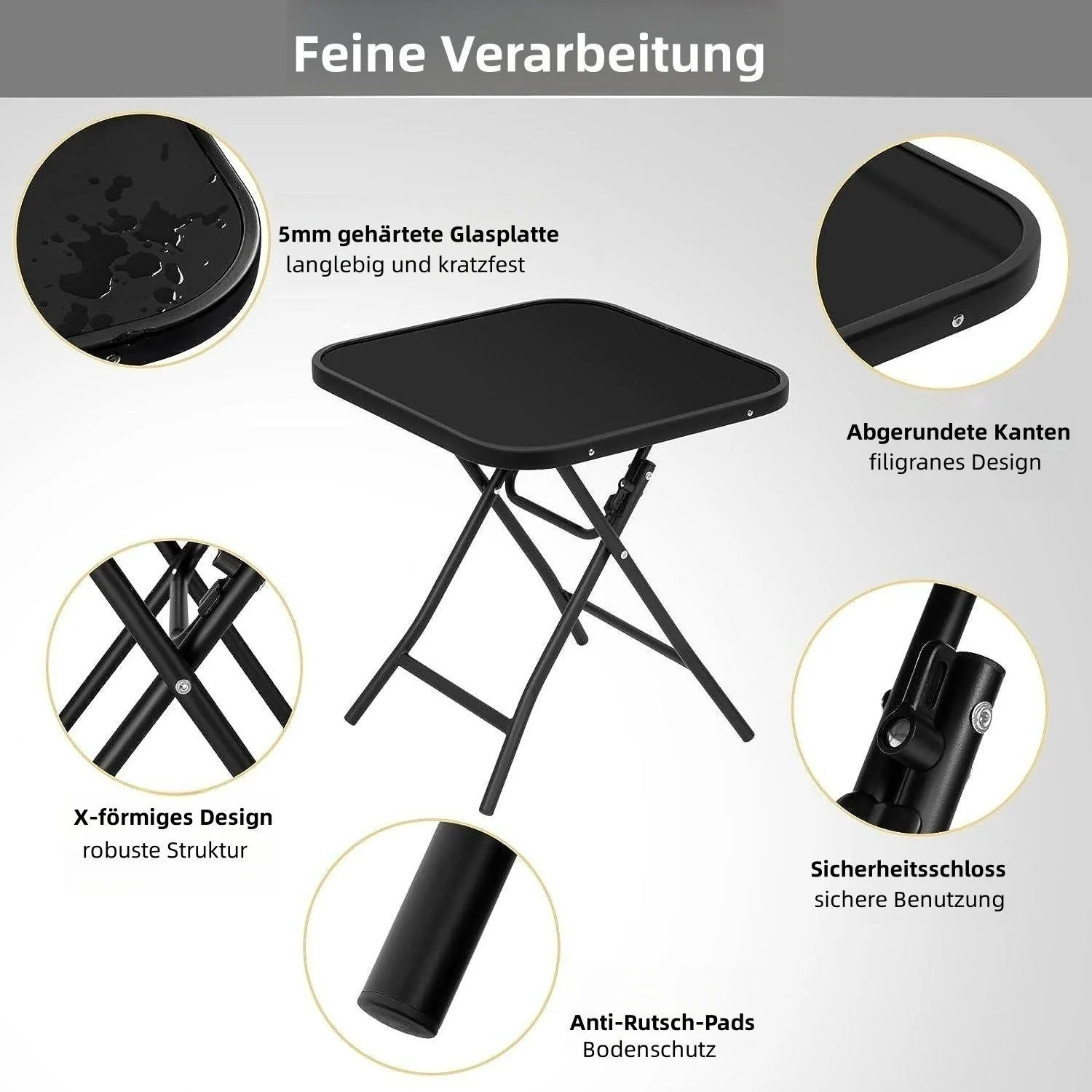 EUGAD klappbarer Gartentisch Beistelltisch, Glas Metall, rechteckig