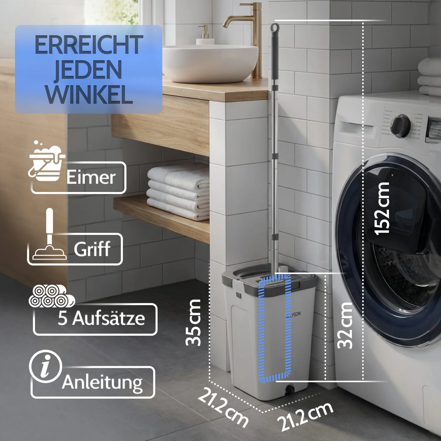 ALLYSON Bodenwischer Set mit 2-Kammer Putzeimer, Schmutz-/Frischwasser