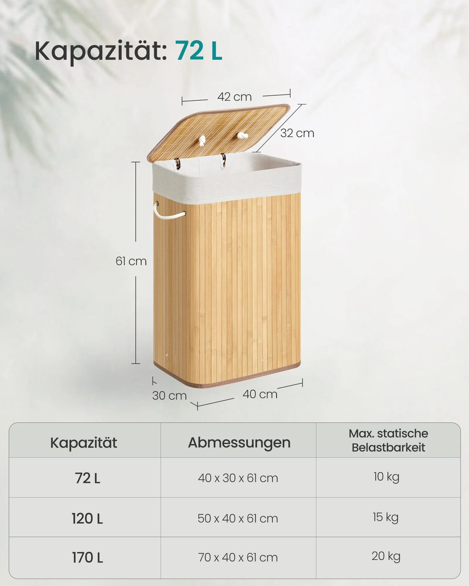 SONGMICS Wäschekorb mit Deckel aus Bambus, faltbar, Wäschesammler