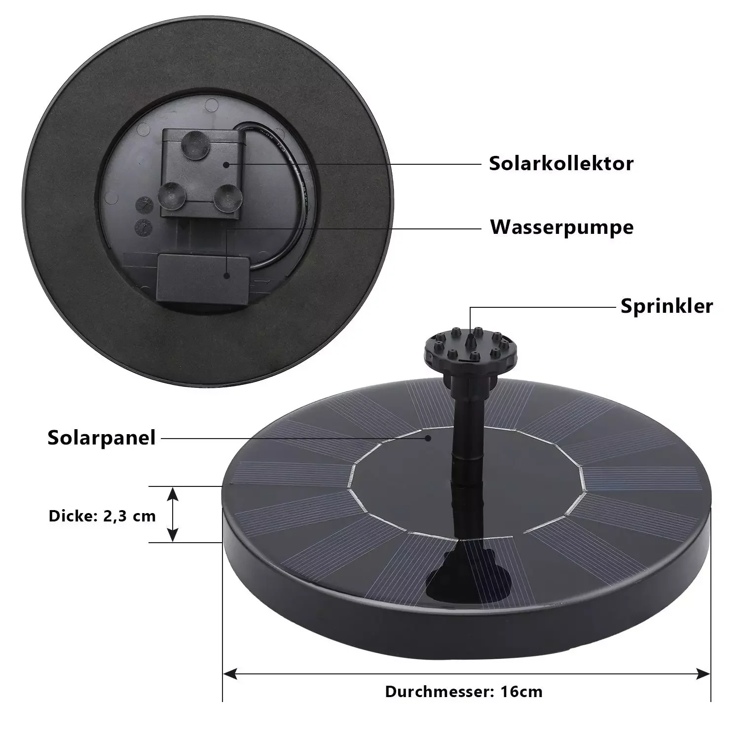 CLANMACY Solarbrunnenpumpe 1.5W mit 6 Düsen für Garten und Teich
