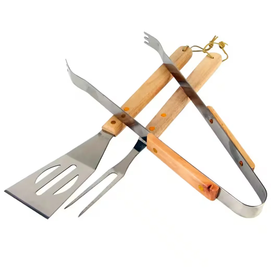 Buri Grillbesteck Set 3-teilig Edelstahl mit Holzgriff Zange Wender